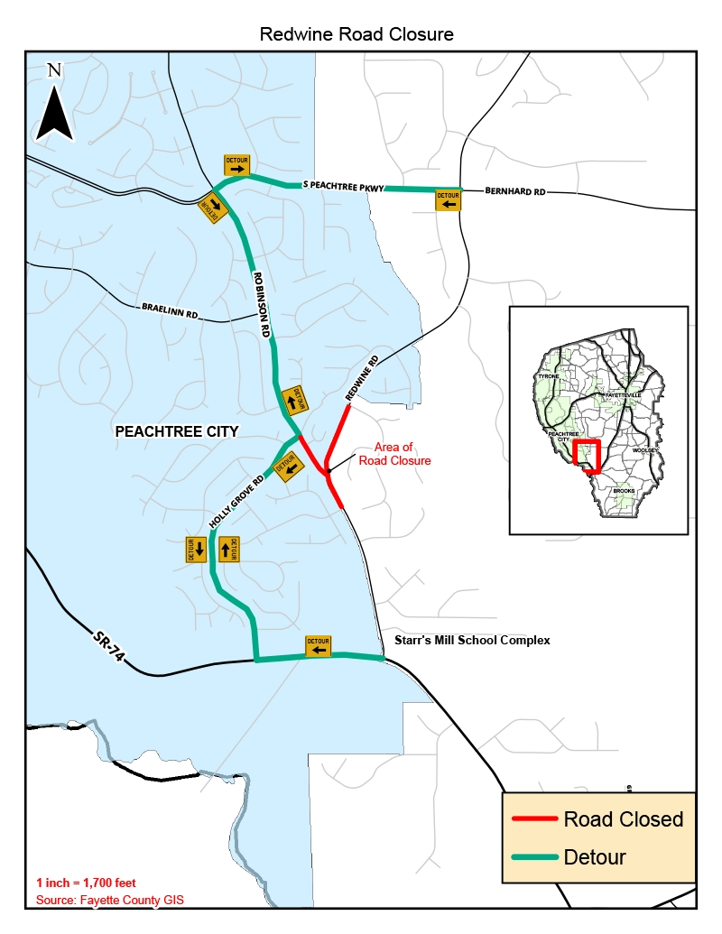 Starr’s Mill Tunnel Project<br/>
Redwine Road and Robinson Road Closure